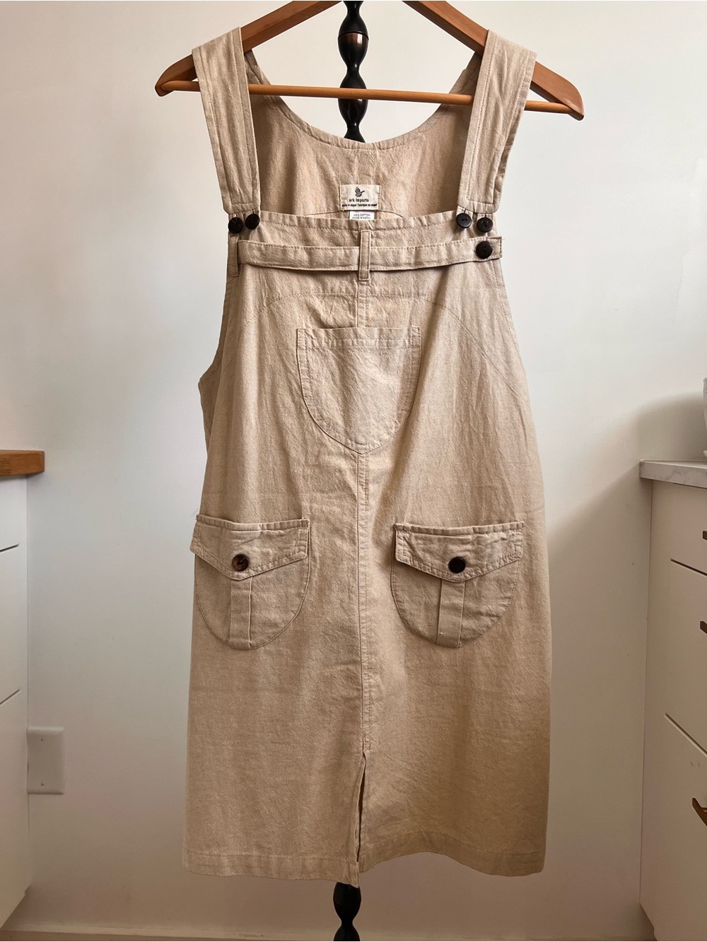 Ark Imports Beige 100% Cotton Pinafore Jumpsuit with Front Pockets